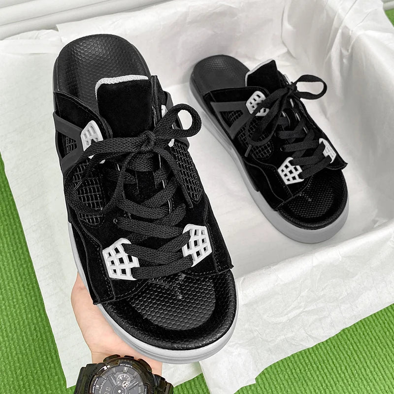 New Summer Men'S Mesh Half Slippers Fashion Outdoor Beach Low Top Breathable Lightweight Open Toe Platform Sandals Slides Men